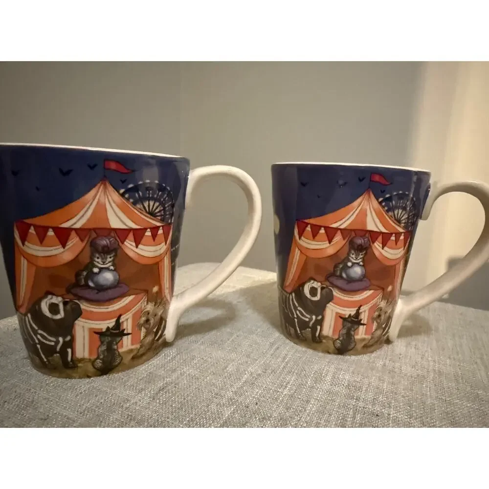 🎃🐶 Pier 1 Halloween Dog Mugs Set of 2 Ironstone 4.5” Double-Sided Design